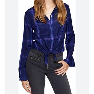 Sanctuary Womens Button Up Long Sleeves Flare Cuff Top SZ‎ Medium Purple Plaid